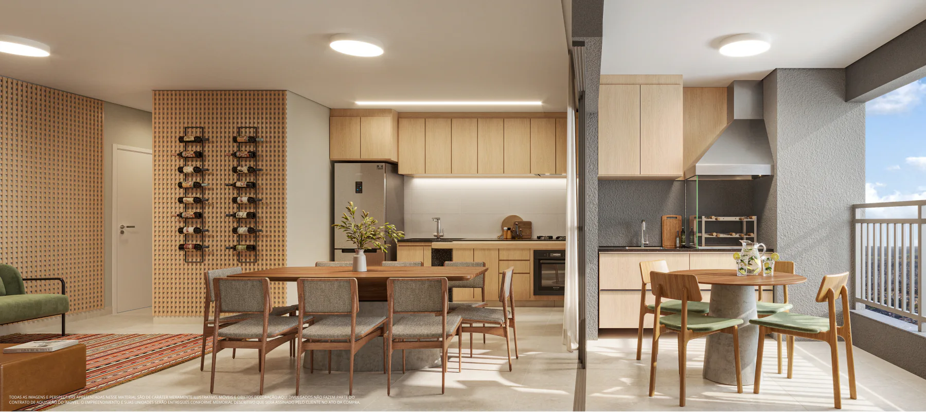 Living e varanda gourmet do apartamento de 85 m² decorado