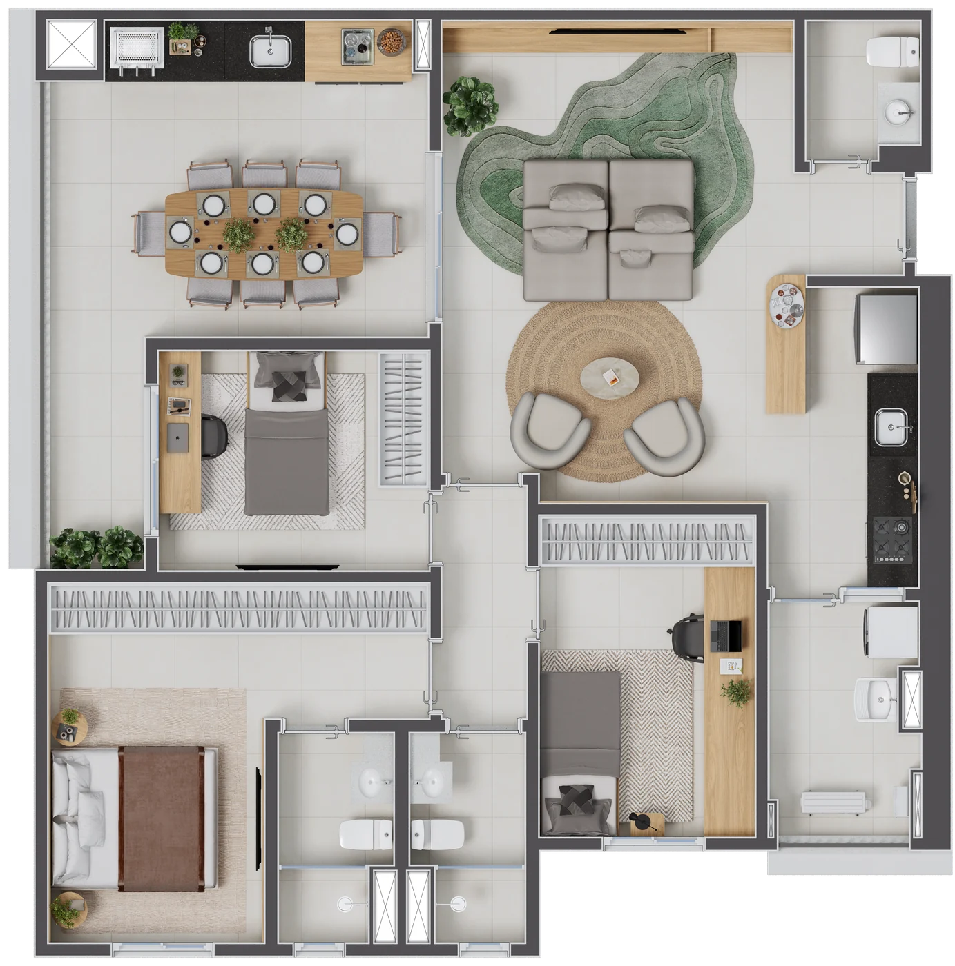 Planta de 110 m², 3 dormitórios